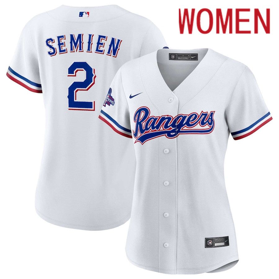 Women Texas Rangers #2 Marcus Semien Nike White Home 2023 World Series Champions Replica Player MLB Jersey